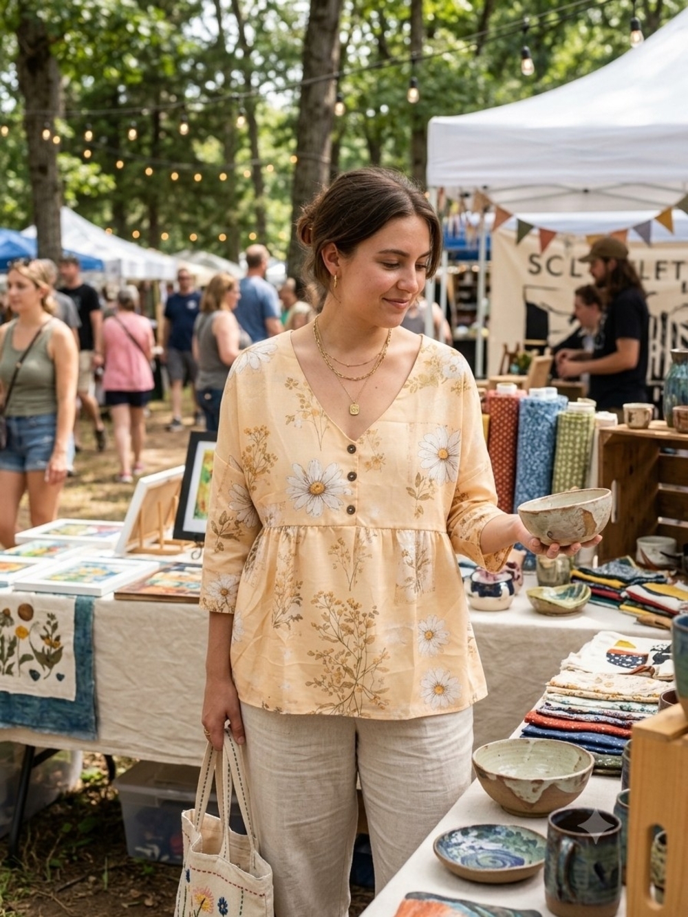 OUFISUN Daisy-Print V-Neck Peasant Blouse in Light Yellow